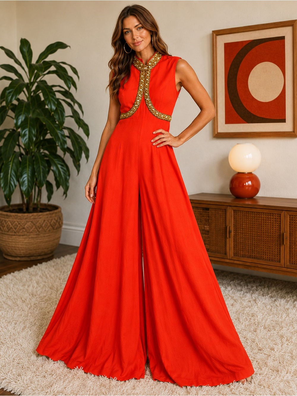 Women’s Vintage 60s/70s Beaded Palazzo Ultra Wide Leg Jumpsuit w/ Beaded Detail
